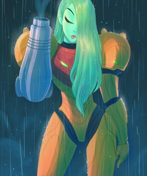 1girl arm_cannon blonde_hair derelict84 gun hair_over_one_eye hashtag-only_commentary highres long_hair metroid nintendo no_headwear normal_suit_(metroid) power_suit power_suit_(metroid) rain samus_aran smoke smoking_barrel smoking_weapon solo standing varia_suit weapon