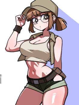 1girl arm_behind_back baseball_cap breasts brown_eyes brown_hair cleavage commentary_request cowboy_shot crop_top fio_germi glasses green_shorts hat ji_heeeeeee korean_commentary large_breasts looking_at_viewer metal_slug midriff navel ponytail short_hair short_ponytail short_shorts shorts simple_background solo stomach sweat tank_top thighs wristband