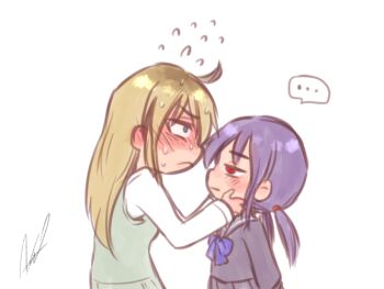 Rule 34 | ..., 2girls, ahoge, aosora (mizore), black serafuku, black shirt, black skirt, blonde hair, blue bow, blue bowtie, blue eyes, blush, bow, bowtie, breasts, closed mouth, commentary request, empty eyes, flying sweatdrops, from side, green sweater vest, hair between eyes, half-closed eyes, hands on another's face, hands up, hayano yuuki, long hair, long sleeves, looking up, low twintails, medium breasts, multiple girls, nervous, original, pleated skirt, purple hair, red eyes, sailor collar, school uniform, serafuku, shirt, shy, sidelocks, signature, simple background, skirt, speech bubble, spoken ellipsis, sweat, sweater vest, twintails, upper body, white background, white shirt, wide-eyed, yazaki shiori, yuri