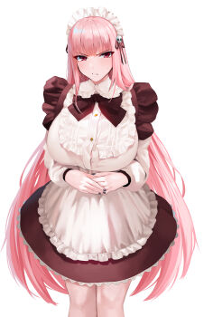 1girl absurdres alternate_costume apron black_nails blush breasts commentary english_commentary highres hololive hololive_english kisaragi_tsurugi large_breasts long_hair long_sleeves looking_at_viewer maid maid_headdress mori_calliope nail_polish navel parted_lips pink_hair red_eyes simple_background solo standing virtual_youtuber white_apron white_background