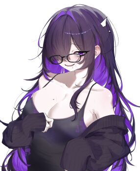 Rule 34 | 1girl, absurdres, bare shoulders, black-framed eyewear, black cardigan, black dress, black hair, blush, breasts, cardigan, cleavage, collarbone, colored inner hair, dokuwachichi, dress, drooling, glasses, goddess of victory: nikke, hair over one eye, highres, huge breasts, label (nikke), large breasts, long hair, looking at viewer, mole, mole on breast, multicolored hair, open mouth, pale skin, purple eyes, purple hair, revision, saliva, simple background, smile, solo, stray pubic hair, sweat, taut clothes, taut dress, very long hair, white background