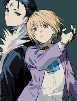 2boys back-to-back black_hair blonde_hair chrollo_lucilfer closed_mouth coat collared_shirt commentary_request earrings facial_mark forehead_mark fur-trimmed_coat fur_trim hand_chains highres hunter_x_hunter jacket jewelry kurapika looking_at_another male_focus multiple_boys purple_jacket red_eyes sevenlistening shirt short_hair standing upper_body white_shirt