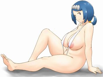 1girl areola_slip arm_support blue_eyes blue_hair breasts feet freckles from_side hair_ornament hair_tie knee_up lana's_mother_(pokemon) large_breasts low_ponytail mature_female medium_hair nintendo plump pokemon pokemon_(anime) pokemon_sm_(anime) ponytail sideboob sitting slingshot_swimsuit smile solo swimsuit thick_thighs thighs tof white_background white_slingshot_swimsuit