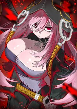 1girl angry belt black_hood black_nails braided_belt breasts cleavage detached_horns hair_between_eyes highres hololive hololive_english hood hood_up kubrick_stare large_breasts long_hair looking_at_viewer mori_calliope mori_calliope_(jigoku_6) official_alternate_costume pants patchwork_clothes pink_hair red_eyes skull_head solo spiked_cape very_long_hair virtual_youtuber yuuppi