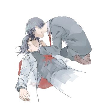1boy 1girl black_coat black_eyes black_hair black_shirt bleeding blending blood closed_eyes coat collared_shirt criteria dying full_body han_sooyoung hand_on_another&#039;s_face highres kim_dokja looking_at_another necktie omniscient_reader&#039;s_viewpoint pool_of_blood red_necktie seiza shirt short_hair sitting white_coat white_shirt