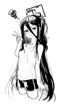 1girl asahina_yoshitoshi bare_arms blue_archive camisole cropped_legs greyscale hair_between_eyes halo highres kei_(blue_archive) long_hair looking_at_viewer monochrome rectangular_halo shorts simple_background solo squiggle v very_long_hair white_background