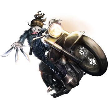 Rule 34 | 1boy, black boots, black jacket, black pants, boots, brown hair, dreadlocks, full body, grey eyes, jacket, leather, leather jacket, leather pants, long tongue, male focus, motor vehicle, motorcycle, official art, pants, riding, shirt, solo, tongue, transparent background, tribe nine, triple wielding, umeda rankichi, white shirt