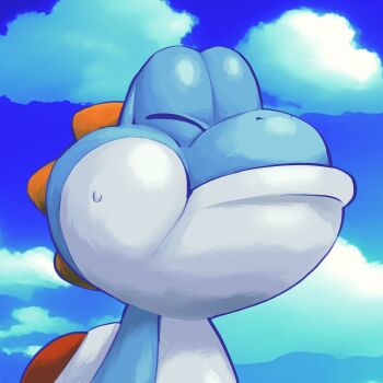 blue_sky closed_eyes cloud day highres light_blue_yoshi mario_(series) nintendo no_humans outdoors portrait sky solo star_yoshi sweatdrop yoshi