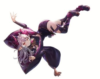 Rule 34 | 1girl, artist request, asymmetrical legwear, black jacket, black shirt, black shoes, black thighhighs, commentary, commentary request, demon girl, english commentary, floating, full body, gem, gremory (king's raid), grey hair, hand in own hair, horns, jacket, king's raid, korean commentary, long hair, mixed-language commentary, multicolored jacket, official art, pink gem, pink horns, pink jacket, pointy ears, purple horns, purple jacket, purple shoes, purple skirt, red eyes, ringed eyes, second-party source, shirt, shoes, skirt, solo, striped horns, tank top, tassel, thighhighs, two-sided fabric, two-sided jacket, upside-down, yellow eyes