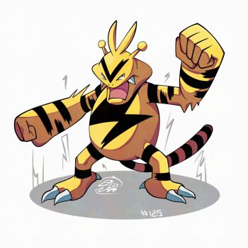 Rule 34 | black fur, claws, electabuzz, fangs, gen 1 pokemon, looking at viewer, mistray-art, nintendo, no humans, numbered, open mouth, pokemon, pokemon (creature), signature, simple background, solo, tail, two-tone fur, white background, yellow fur