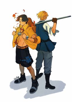 Rule 34 | 2boys, black hair, blonde hair, boots, brothers, commentary, elbow pads, english commentary, fire, freckles, full body, gloves, highres, holding, jewelry, log pose, male focus, miaz88388191, multiple boys, necklace, one piece, open clothes, open shirt, pearl necklace, portgas d. ace, pouch, sabo (one piece), short hair, shorts, siblings, single elbow pad, smile, thigh pouch