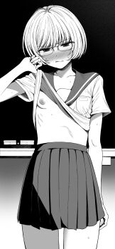 1girl absurdres arm_at_side blush breast_pocket breasts closed_mouth clothes_lift commentary copyright_request cowboy_shot daiji_pt embarrassed flashing frown glasses greyscale hand_up highres lifting_own_clothes looking_at_viewer miniskirt monochrome nipples no_bra paid_reward_available pleated_skirt pocket sailor_collar school_uniform serafuku shirt_lift short_hair skirt small_breasts solo sweat v-shaped_eyebrows