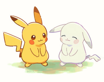 :3 brown_eyes chueog closed_eyes closed_mouth gen_1_pokemon happy highres nintendo no_humans peakychu pikachu pokemon pokemon_(creature) pokemon_focus pokemon_pokopia smile standing twitter_username