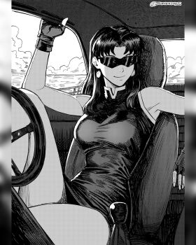 1girl breasts car_interior cloud commentary dress earrings fingerless_gloves gear_shift gloves greyscale hatching highres instagram_username jewelry katsuragi_misato medium_breasts medium_hair monochrome narrow_waist neon_genesis_evangelion ocean seveninks short_dress sitting solo steering_wheel sunglasses