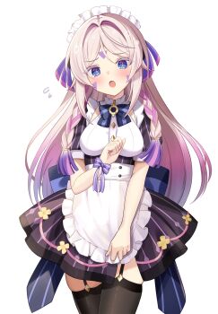 1girl :o alternate_costume apron black_bow black_bowtie black_dress black_garter_straps black_thighhighs blue_eyes blush bow bowtie breasts citlali_(genshin_impact) commentary_request dress enmaided facial_mark forehead_mark frilled_apron frilled_hairband frills garter_straps genshin_impact hairband hand_up highres long_hair looking_at_viewer maid maid_headdress medium_breasts motoi_ayumu open_mouth pink_hair pink_pupils purple_bow purple_hair simple_background solo thighhighs triangle triangle_facial_mark very_long_hair white_apron white_background white_hairband wrist_bow