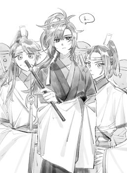 Rule 34 | 3boys, ahoge, androgynous, chenqing flute, chinese clothes, closed mouth, crossed arms, dizi, flute, flute tassel, frown, greyscale, hair ribbon, hand on own hip, hanfu, headband, high ponytail, highres, holding, holding flute, holding instrument, instrument, korean text, lan jingyi, lan sizhui, long hair, long sleeves, looking at viewer, male focus, melmerry, modao zushi, monochrome, multiple boys, multiple others, parted bangs, parted lips, people, ponytail, ribbon, robe, sash, sidelocks, simple background, speech bubble, standing, sweatdrop, tassel, transverse flute, wei wuxian, white background, wide sleeves, xiao guan (headdress)