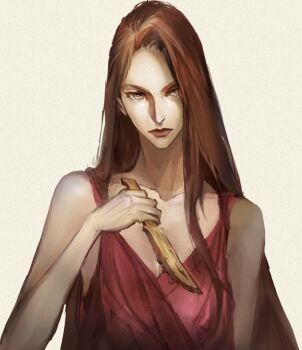 1girl brown_hair dress ellieaedon expressionless grey_eyes hair_over_shoulder hand_up highres holding holding_knife knife long_hair looking_at_viewer red_dress shadow_slave solo solvane_(shadow_slave) straight_hair upper_body
