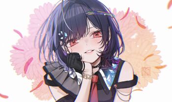 1girl amane_sekai black_gloves bow bowtie bracelet color_creators floral_background frills gloves highres jewelry looking_at_viewer medium_hair parted_lips petals portrait purple_hair red_bow red_bowtie red_eyes single_bare_shoulder swept_bangs yuuyu_(moco20111115)