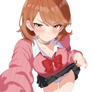 1girl black_skirt blush bow bowtie breasts brown_eyes brown_hair cardigan chiseinalice choker cleavage closed_mouth clothes_lift commentary_request cowboy_shot earrings embarrassed flipped_hair frown gekkoukan_high_school_uniform grey_choker highres jewelry leaning_forward lifting_own_clothes long_sleeves looking_at_viewer medium_breasts medium_hair panties persona persona_3 pink_cardigan red_bow red_bowtie ribbed_cardigan school_uniform selfie simple_background skirt skirt_lift solo stud_earrings sweatdrop swept_bangs takeba_yukari underwear white_background white_panties wing_collar
