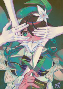 Rule 34 | 1boy, 3others, \//, absurdres, artist logo, ascot, beret, black hair, braid, brown corset, cape, cecilia flower (genshin impact), collared shirt, colored skin, corset, covering own mouth, flower, frilled sleeves, frills, genshin impact, green background, green cape, green eyes, green hair, green hat, hair flower, hair ornament, hand on another's face, hand over another's eye, hat, hat ornament, highres, holding, holding flower, kumquatz, leaf hat ornament, logo, long sleeves, looking at viewer, male focus, multicolored hair, multiple others, ouji fashion, shirt, simple background, swept bangs, twin braids, venti (genshin impact), white flower, white shirt, white skin