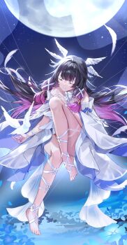 1girl absurdres angel_wings ankle_ribbon bare_shoulders bird black_hair blue_flower choker closed_eyes closed_mouth collarbone colored_inner_hair columbina_(genshin_impact) commentary_request dove dress feathered_wings flower flua_(fee_de_la) full_body genshin_impact hair_ribbon head_wings highres leg_ribbon long_hair long_sidelocks multicolored_hair multiple_wings pink_hair ribbon sidelocks smile solo very_long_hair white_choker white_dress white_mask white_ribbon white_wings wings wrist_ribbon