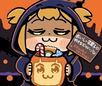1girl :3 bkub blonde_hair blush_stickers candy candy_cane chibi chibi_only closed_mouth dot_nose food halloween halloween_bucket halloween_costume holding hood hood_up long_sleeves pipimi poptepipic popuko short_hair sign solo translation_request yellow_eyes