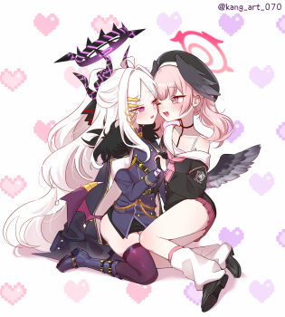 2girls absurdres black_boots black_coat black_gloves black_hat black_jacket black_shirt black_shoes black_skirt black_thighhighs blue_archive blush boots bracelet coat coat_on_shoulders commentary commission feathered_wings gloves halo hat head_wings heart highres hina_(blue_archive) holding_hands horns interlocked_fingers jacket jewelry kneeling koharu_(blue_archive) long_hair loose_socks low_wings mata_ashita multiple_girls off_shoulder one_eye_closed open_mouth pink_hair pixel_heart pleated_skirt purple_eyes purple_skirt school_uniform serafuku shirt shoes skindentation skirt smile socks thighhighs twintails twitter_username white_hair white_socks wings yuri