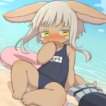 1other absurdres animal_ears blush body_fur cloud day fang furry green_eyes grey_hair hand_to_own_mouth highres horizontal_pupils innertube looking_at_viewer made_in_abyss multicolored_eyes nanachi_(made_in_abyss) newbear open_mouth orange_eyes other_focus outdoors pov rabbit_ears reg_(made_in_abyss) school_swimsuit sitting swim_ring swimsuit tail water whiskers yellow_eyes