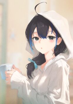 1girl absurdres ahoge alternate_costume black_eyes blurry blurry_background cohi27151463 commentary cup double-parted_bangs drawstring hair_between_eyes hair_over_shoulder highres holding holding_cup hood hood_up hoodie indie_virtual_youtuber long_hair long_sleeves looking_at_viewer low-tied_long_hair mole mole_under_eye open_mouth sleeves_past_wrists solo upper_body white_hoodie yubari_rei