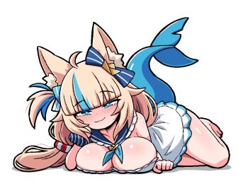 1girl :3 ahoge alternate_breast_size_(larger) animal_ear_fluff animal_ears arm_support barefoot blue_eyes blue_sailor_collar blue_streaks blue_tail blunt_bangs blush breasts cat_ears cleavage commentary dot_nose dress fins fish_tail frilled_dress frilled_sailor_collar frills half-closed_eyes indie_virtual_youtuber ink_(inksgirls) large_breasts lifebuoy_hair_ornament looking_at_viewer lying multicolored_hair on_stomach sailor_collar sameko_saba sameko_saba_(1st_costume) simple_background single_hair_streak solo streaked_hair tail twintails virtual_youtuber white_background