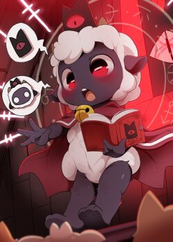 1girl animal_ears baby_animal bell black_skin book cape colored_skin cult_of_the_lamb dagasi furry furry_female goat_ears highres horizontal_pupils horns lamb navel neck_bell red_crown_(cult_of_the_lamb) sheep sheep_ears sheep_girl sheep_horns the_lamb_(cult_of_the_lamb)