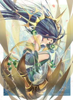 1girl boots closed_mouth copyright_notice dqn_(dqnww) elbow_gloves gloves green_boots green_eyes green_garter_belt green_hair green_shoes green_shorts green_thighhighs green_tube_top long_hair looking_at_viewer midoriko_(wixoss) official_art shoes shorts solo strapless thighhighs tube_top very_long_hair white_background wixoss