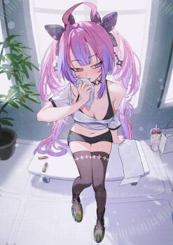 1girl ahoge alternate_costume black_boots black_bow black_bra black_choker black_shorts black_thighhighs blue_eyes boots bow bra breasts center-flap_bangs choker cleavage commentary cosmetics cropped_shirt double-parted_bangs hair_bow hair_intakes highres holding holding_towel hololive hololive_dev_is indoors kikirara_vivi lace-up_boots lipstick_tube long_hair medium_breasts midriff navel pink_hair plant potted_plant purple_hair purple_streaks shirt short_shorts shorts single_off_shoulder sitting solo t-shirt takeno_omoti thighhighs towel twintails underwear very_long_hair virtual_youtuber white_shirt wiping_face