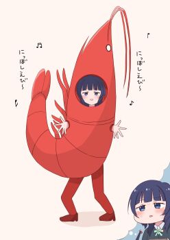 1girl :d asaka_karin beamed_eighth_notes black_jacket blue_eyes blue_hair blunt_bangs blush commentary_request eighth_note green_ribbon highres imagining jacket love_live! love_live!_nijigasaki_high_school_idol_club medium_hair multiple_views musical_note nakazumi_kohada neck_ribbon nervous_sweating nijigasaki_school_uniform open_mouth quarter_note ribbon school_uniform shrimp_costume smile speech_bubble sweat thought_bubble winter_uniform