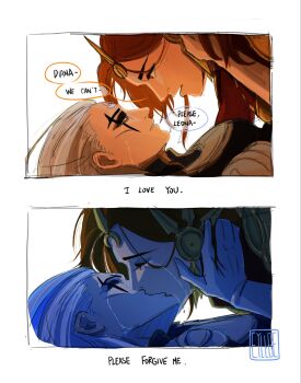 2girls closed_eyes commentary diana_(league_of_legends) english_commentary english_text eye_contact eylloe hand_in_another's_hair hand_on_another's_neck highres kiss league_of_legends leona_(league_of_legends) looking_at_another multiple_girls red_hair scar scar_across_eye scar_on_face speech_bubble tears white_hair yuri