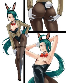 artist_request bandaid bow bowtie earrings flat_chest full_body gloves green_hair jewelry playboy_bunny pokemon pokemon_scarlet_and_violet ponytail red_eyes rika_(pokemon) source_request tagme thighhighs
