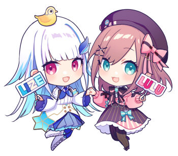 Rule 34 | 2girls, armband, beret, bird, black bow, black bowtie, black pantyhose, blue armband, blue hair, blue skirt, blue thighhighs, blush, boots, bow, bowtie, brown hair, cardigan, chibi, chibi only, collared dress, commentary, dress, gem, gradient hair, green background, green bow, green eyes, green gem, hair ornament, hairclip, hat, hat bow, hat pin, holding, holding hands, holding sign, layered skirt, lize helesta, lize helesta (1st costume), long hair, long sleeves, looking at viewer, medium hair, multicolored hair, multiple girls, nijisanji, open mouth, pantyhose, pink bow, pink bowtie, pink cardigan, pink eyes, pink skirt, pleated skirt, purple hat, purple shoes, purple skirt, saine, sebastian piyodore, shirt, shoes, sign, simple background, skirt, smile, streaked hair, striped bow, striped bowtie, striped clothes, striped pantyhose, striped skirt, suzuhara lulu, suzuhara lulu (1st costume), thighhighs, vertical-striped clothes, vertical-striped pantyhose, vertical-striped skirt, virtual youtuber, white background, white boots, white dress, white hair, white shirt, yellow bird