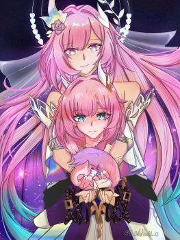 0_oddball_0 2girls aqua_hair bare_shoulders blue_eyes bridal_veil coat commentary cyrene_(demiurge)_(honkai:_star_rail) cyrene_(honkai:_star_rail) cyrene_(philia093)_(honkai:_star_rail) diamond-shaped_pupils diamond_(shape) dress dual_persona english_commentary flower hair_flower hair_intakes hair_ornament halo highres honkai:_star_rail honkai_(series) long_hair mem_(honkai:_star_rail) multicolored_hair multiple_girls pink_hair purple_coat purple_eyes symbol-shaped_pupils twitter_username veil very_long_hair white_dress white_hair