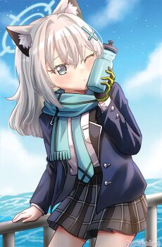 1girl amaimi animal_ears aqua_eyes blue_archive coat gloves long_hair looking_at_viewer medium_hair outdoors shiroko_(blue_archive) solo