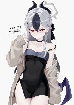 1girl absurdres bare_shoulders black_bow black_choker black_dress black_hair blue_archive blush bow breasts brown_cardigan cardigan choker cleavage closed_mouth demon_girl demon_horns demon_wings dress ear_piercing earrings grey_hair hair_behind_ear hair_between_eyes hair_bow half_updo highres horns jewelry kayoko_(blue_archive) kayoko_(dress)_(blue_archive) long_hair looking_down medium_breasts multicolored_hair official_alternate_costume official_alternate_hairstyle open_cardigan open_clothes oto_jampan piercing red_eyes side_slit single_wing sleeveless sleeveless_dress solo two-tone_hair wings