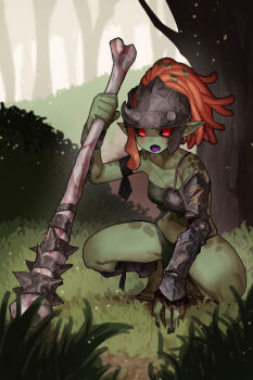1girl absurdres armor black_sclera bone club club_(weapon) colored_sclera colored_skin colored_tongue dreadlocks ekrea_jan fake_horns female_goblin goblin green_skin helmet highres horned_headwear horns monster_girl orange_hair original outdoors pointy_ears purple_tongue red_eyes scar solo spiked_club squatting tongue tongue_out weapon