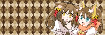 Rule 34 | 2girls, animal ears, arch bishop (ragnarok online), bell, blue eyes, blush, brown hair, checkered background, commentary request, dress, fang, fox ears, fox girl, frilled dress, frills, hair bell, hair ornament, hair ribbon, high ponytail, jingle bell, long hair, looking at viewer, multiple girls, oekakipikki, official alternate costume, oirat, open mouth, ponytail, ragnarok online, red dress, red ribbon, ribbon, skin fang, smile, upper body, white dress, yellow eyes
