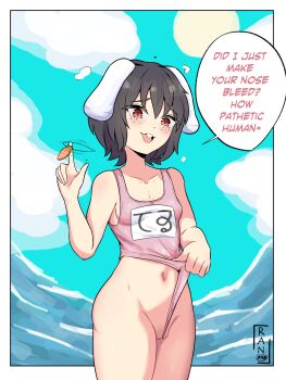 accessories beach black_hair breasts carrot carrot_necklace dialogue_box freckles highres inaba_tewi jewelry loli necklace ocean one-piece_swimsuit partially_visible_vulva rabbit_ears ran_sk red_eyes school_swimsuit short_hair small_breasts smug swimsuit touhou