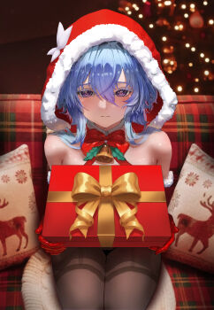 1girl absurdres bare_shoulders bell blue_hair blush bow bowtie christmas gubong hair_between_eyes highres looking_at_viewer pantyhose purple_eyes shorekeeper_(wuthering_waves) short_hair wuthering_waves
