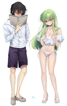 1boy 1girl absurdres armpit_crease artist_name bare_legs bare_shoulders bikini black_hair blush book breasts budgiepon c.c. cleavage code_geass collarbone covered_mouth curvy embarrassed eyes_visible_through_hair frilled_bikini frills full-face_blush full_body green_hair groin hair_between_eyes hair_over_shoulder halterneck hand_in_pocket hetero highres holding holding_book hood hood_down hoodie lelouch_vi_britannia long_hair long_sleeves looking_at_another looking_at_breasts looking_down male_swimwear medium_breasts navel nose_blush off-shoulder_bikini off_shoulder open_book parted_lips purple_eyes sandals shoes short_hair side-by-side side-tie_bikini_bottom sidelocks simple_background standing straight_hair sweatdrop swim_trunks swimsuit tachi-e thighs toenails toes tsurime very_long_hair white_background white_bikini white_footwear white_hoodie yellow_eyes