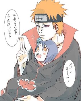 1boy 1girl akatsuki_(naruto) akatsuki_uniform blue_hair blush flower hair_flower hair_ornament konan_(naruto) meitarou naruto_(series) naruto_shippuuden open_mouth orange_hair pain_(naruto) piercing rinnegan smile translation_request