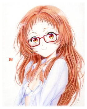 Rule 34 | 1girl, blush, bra, brown hair, colored pencil (medium), glasses, long hair, mie ai, orange eyes, red-framed eyewear, shirt, simple background, smile, solo, sukinako ga megane wo wasureta, traditional media, underwear, white background, white bra, white shirt, y takeshinu wan