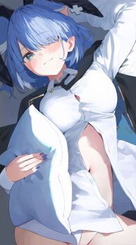 1girl animal_ears aqua_eyes arm_up blush bottomless breasts button_gap cleavage cross-shaped_pupils elira_pendora fake_animal_ears grey_background hair_over_one_eye highres holding holding_pillow jacket jacket_on_shoulders large_breasts light_smile looking_at_viewer naked_shirt navel nijisanji nijisanji_en out-of-frame_censoring pillow purple_nails rabbit_ears shirt solo symbol-shaped_pupils virtual_youtuber zephryion