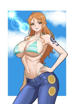 1girl absurdres adapted_costume back-tie_bikini bare_arms bare_shoulders bikini bikini_under_clothes blue_pants blue_sky blush border bracelet breasts cleavage cloud cloudy_sky collarbone commentary cowboy_shot curvy denim earrings eyelashes green_bikini halterneck hand_on_own_hip highleg highleg_bikini highres jeans jewelry large_breasts lipgloss long_hair looking_at_viewer nami_(one_piece) nami_(one_piece)_(return_to_sabaody) navel one_piece orange_hair outside_border pants panty_straps parted_lips pearl_earrings pink_lips shiny_skin shoulder_tattoo side-tie_bikini_bottom sidelocks sky solo stomach string_bikini striped_bikini striped_clothes swimsuit tattoo thong thong_bikini tsu.toxine underboob white_border wide_hips