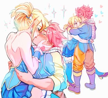 1boy 1girl ahoge arms_around_neck arms_around_waist backless_outfit bare_shoulders blonde_hair blue_jacket blue_shirt blue_skirt blue_thighhighs blue_wrist_cuffs blush boots breasts brown_eyes couple fairy_tail full_body grid_print hair_ornament hand_on_another&#039;s_cheek hand_on_another&#039;s_face hetero highres hug jacket kiss lucy_heartfilia medium_breasts natsu_dragneel one_eye_closed orange_pants pants print_scarf purple_boots purple_shoes red_hair scarf shirt shoes short_hair sideboob skirt sleeves_rolled_up sparkle star_(symbol) star_hair_ornament thighhighs twintails twitter_username upper_body vanemiin wrist_cuffs